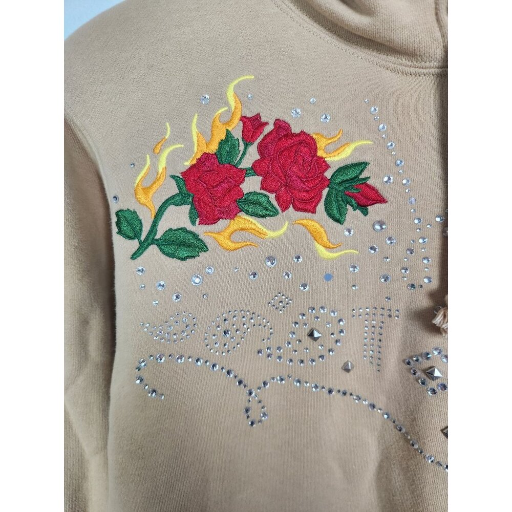 Teddy Fresh Women's Sz. S Embroidered Bling Tan Hooded Sweatshirt - Picture 3 of 5